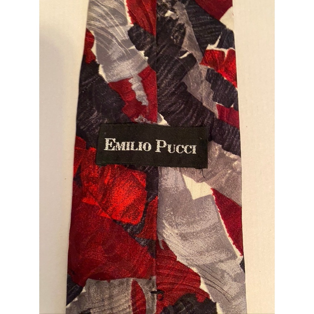 Emilio Pucci Mens Silk Tie Red Grey Black Abstract Geometric Made in USA Italy